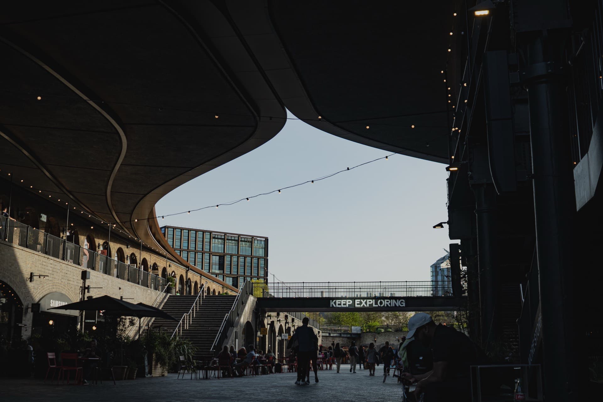 Coal Drops Yard courtyard at dusk